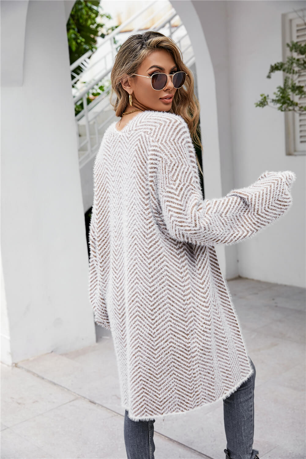 Herringbone Pattern Open Front Longline Fuzzy Cardigan - Tote and Lounge