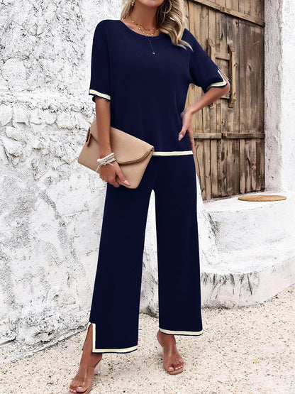 Contrast Trim Round Neck Top and Pants Set - Tote and Lounge