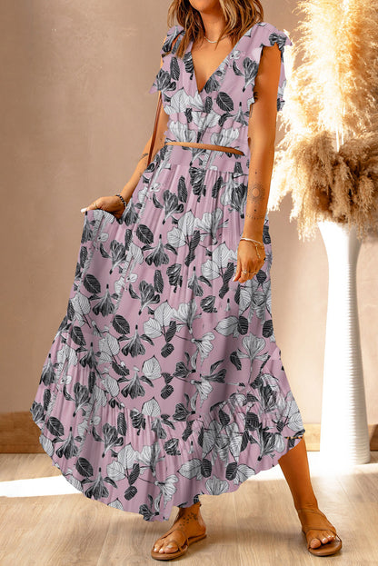 Printed Tie Back Cropped Top and Maxi Skirt Set - Tote and Lounge