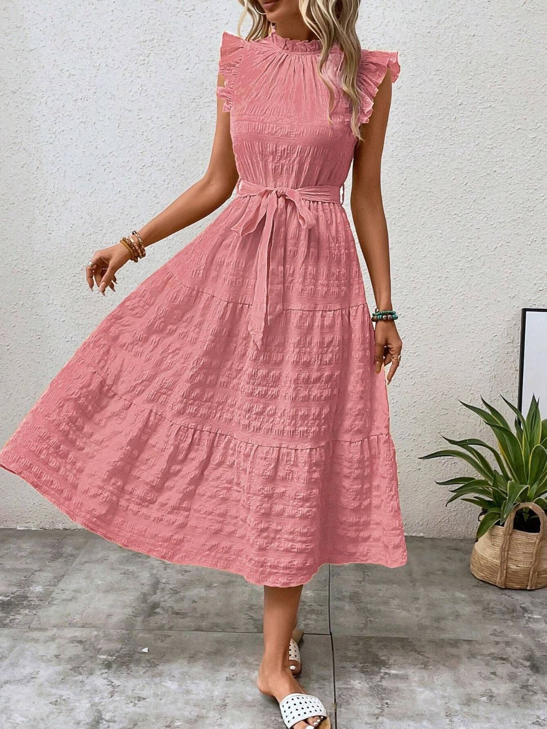 Tied Ruffled Cap Sleeve Midi Dress - Tote and Lounge