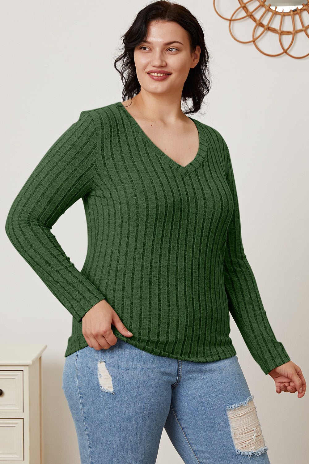 Basic Bae Full Size Ribbed V-Neck Long Sleeve T-Shirt - Tote and Lounge