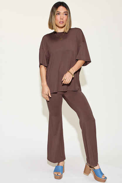 Basic Bae Full Size Bamboo Drop Shoulder T-Shirt and Flare Pants Set - Tote and Lounge