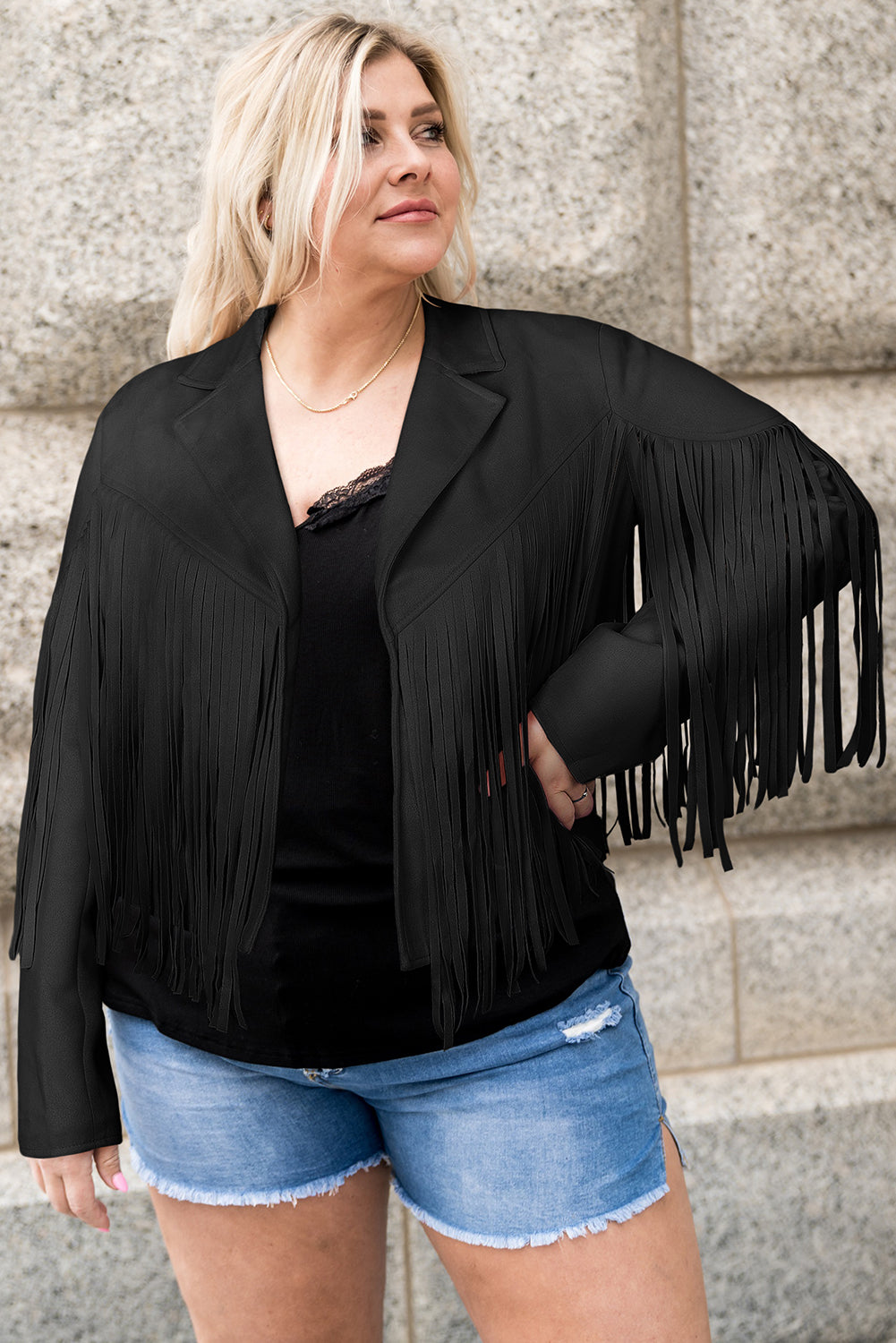 Plus Size Fringe Open Front Jacket - Tote and Lounge