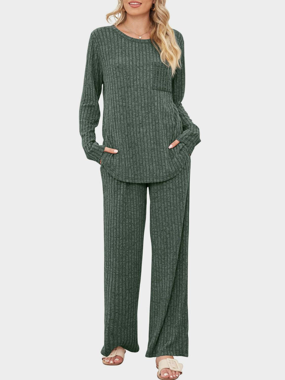 Round Neck Long Sleeve Top and Pants Set