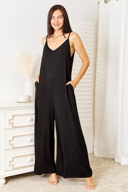 Double Take Full Size Soft Rayon Spaghetti Strap Tied Wide Leg Jumpsuit - Tote and Lounge