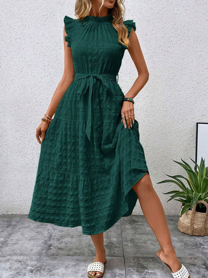 Tied Ruffled Cap Sleeve Midi Dress - Tote and Lounge