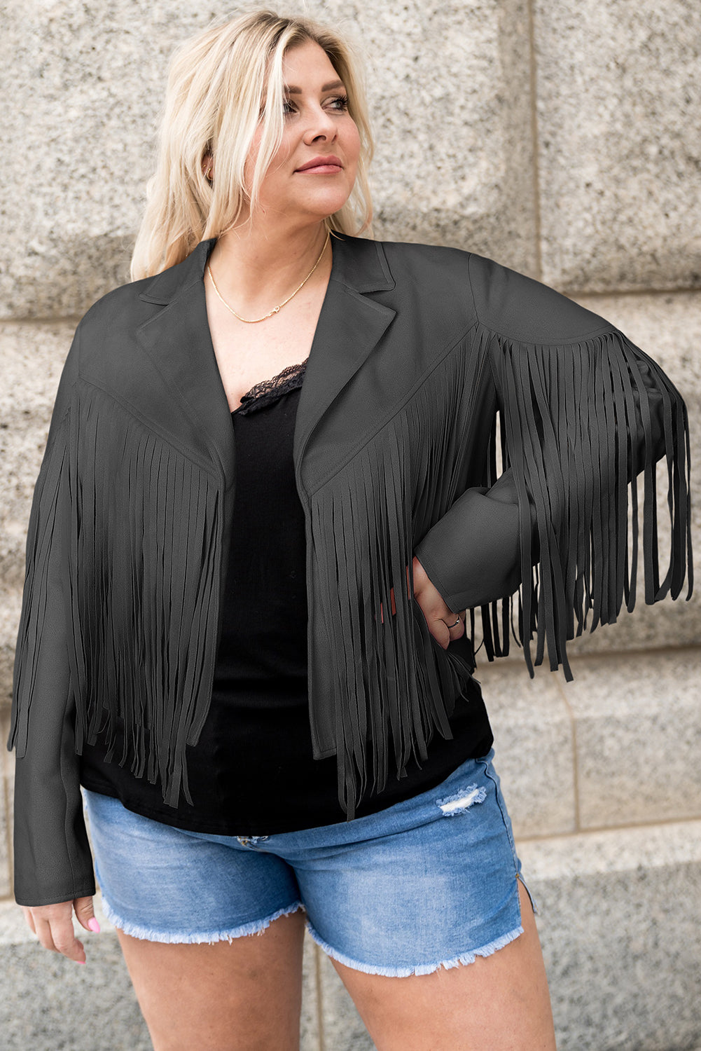 Plus Size Fringe Open Front Jacket - Tote and Lounge