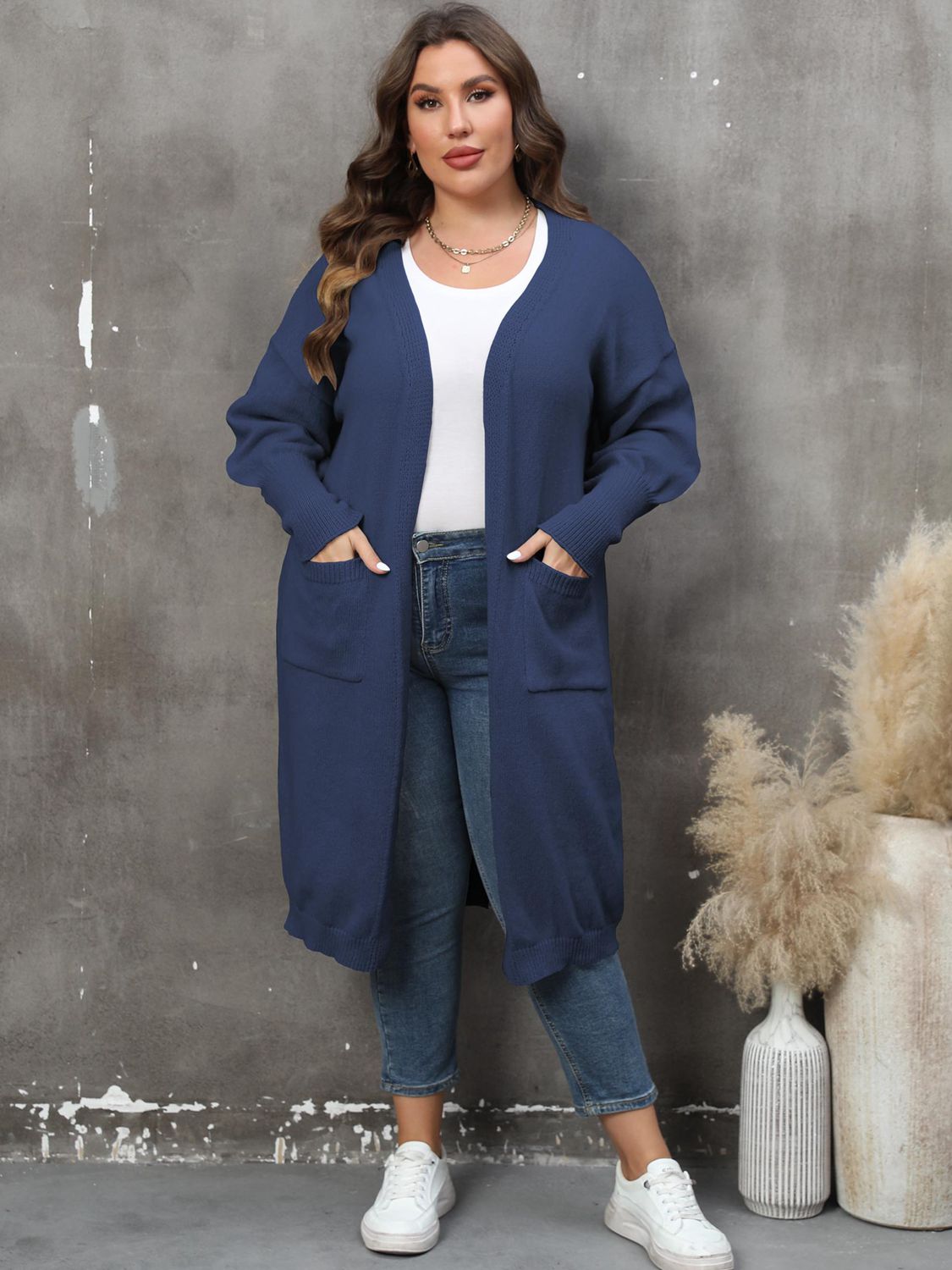 Plus Size Long Sleeve Pocketed Cardigan - Tote and Lounge