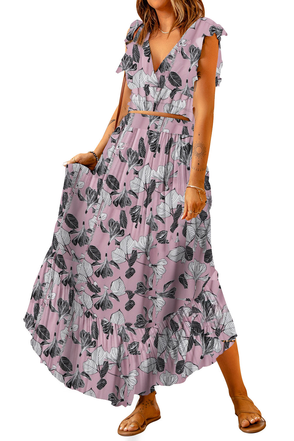 Printed Tie Back Cropped Top and Maxi Skirt Set - Tote and Lounge