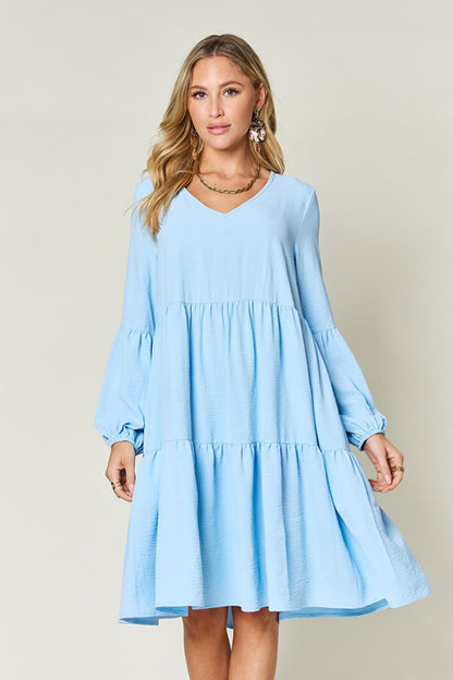 Double Take Full Size V-Neck Balloon Sleeve Tiered Dress with Pockets - Tote and Lounge