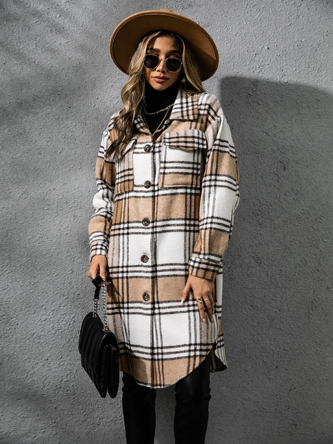 Plaid Collared Neck Long Sleeve Coat