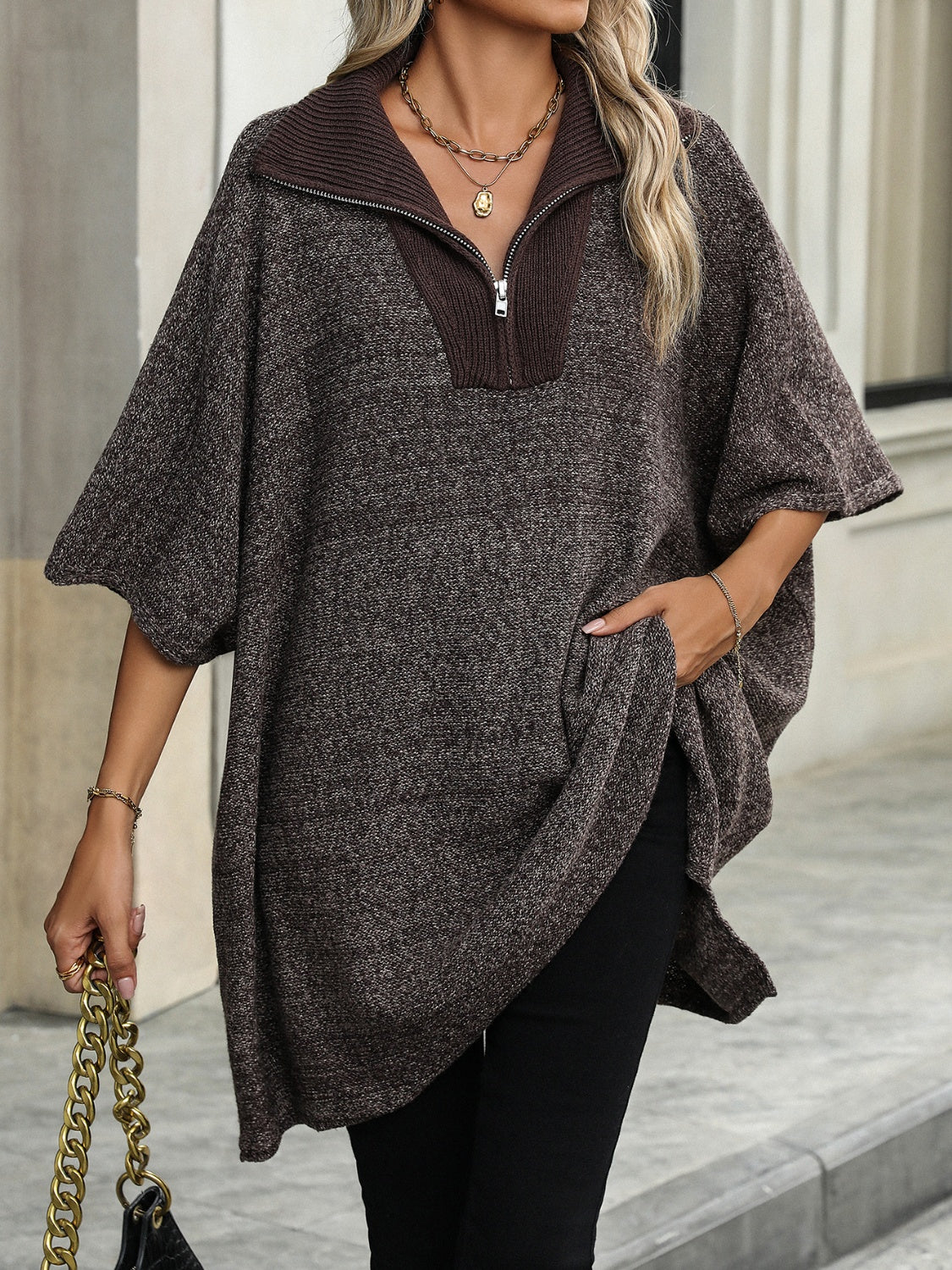 Slit Quarter Zip Half Sleeve Sweater - Tote and Lounge