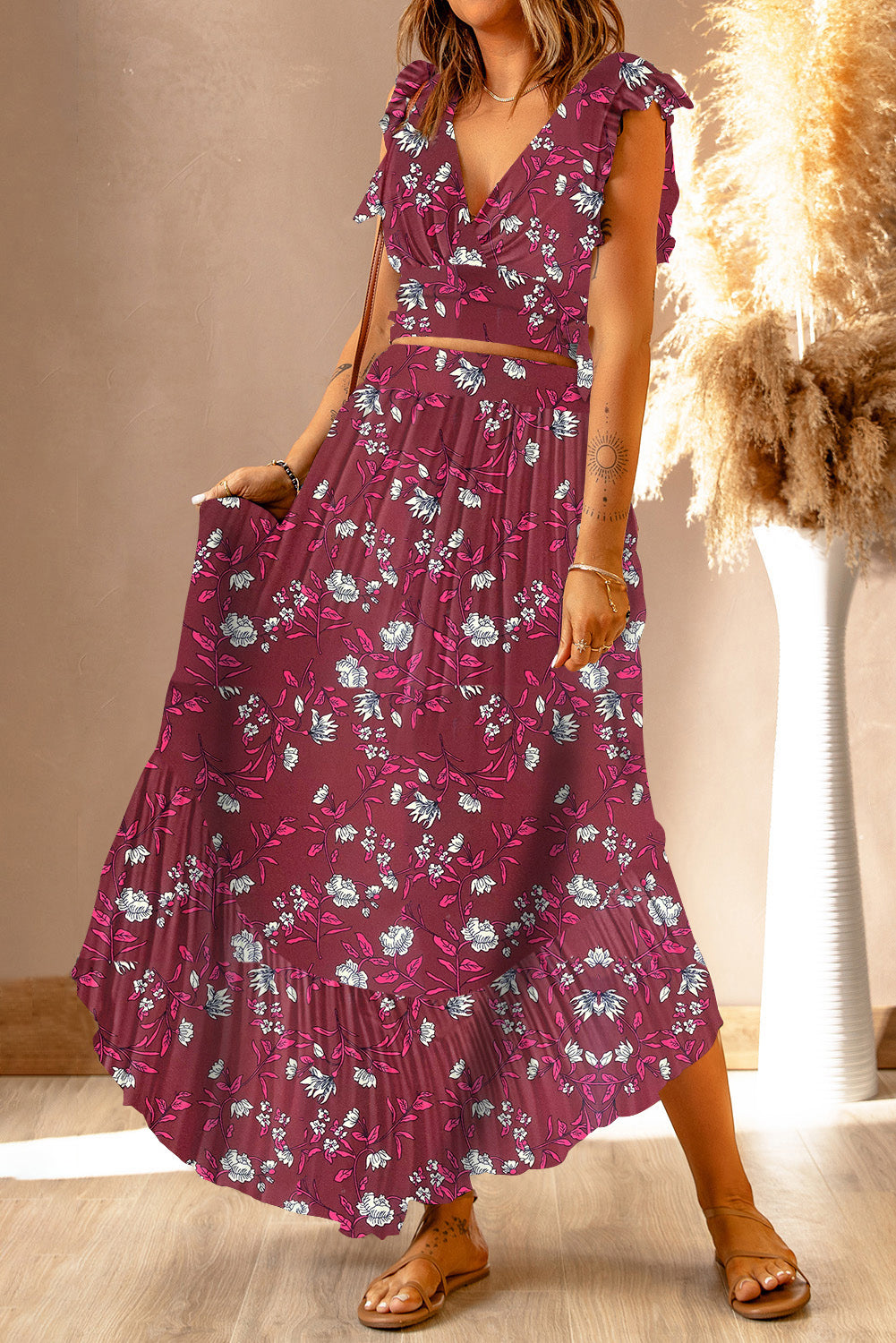 Printed Tie Back Cropped Top and Maxi Skirt Set - Tote and Lounge