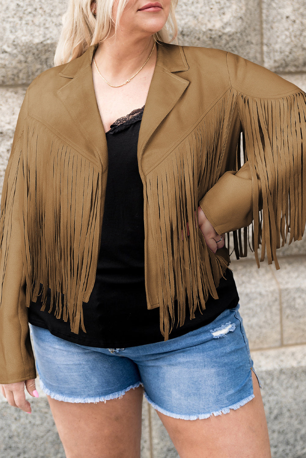 Plus Size Fringe Open Front Jacket - Tote and Lounge